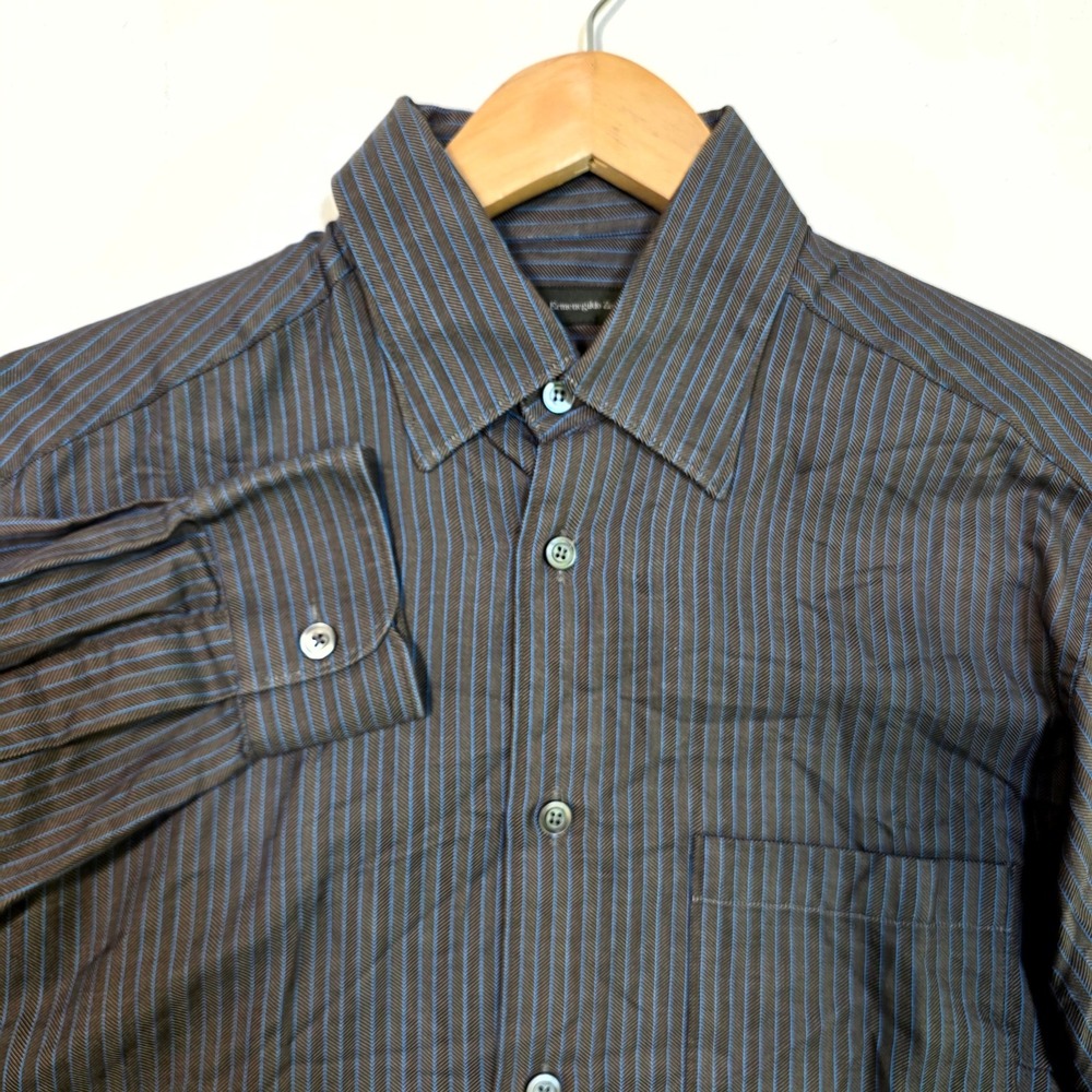 Ermenegildo Zegna Button Up Shirt Mens 15.5 Brown Blue Stripe Long Sleeve Luxury